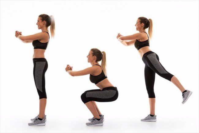 Động tác Squat đá chân sauThực hiện động tác 15-20 lần Động tác Squat đá chân sau